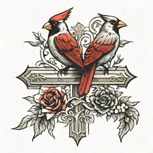 cardinals sitting on a cross  tattoo design idea