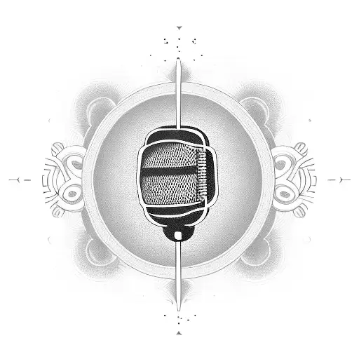 A blackwork tattoo of a vintage microphone intertwined with a guitar, symbolizing Eddy's passion for music. tattoo design idea