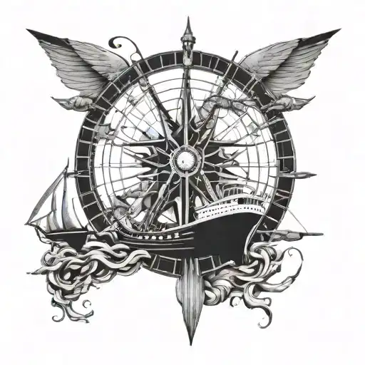 big nautic wheel, with a siren on one side and a ship on the other side  tattoo design idea