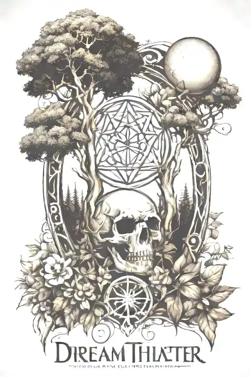 dream theater logo nature style, focus on having the logo no text, and lots of tree/nature/flowers elements tattoo design idea
