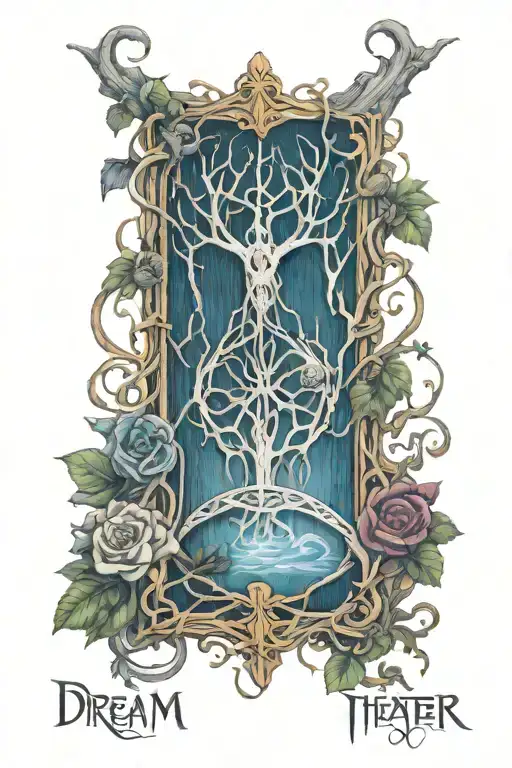 dream theater logo but in nature elements like trees sketch style with flowers tattoo design idea