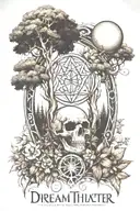 dream theater logo nature style, focus on having the logo no text, and lots of tree/nature/flowers elements tattoo design idea