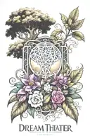 dream theater logo nature style, focus on having the logo no text, and lots of tree/nature/flowers elements tattoo design idea