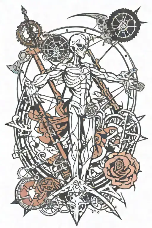 Vitruvian man mixed with keyblade, Evangelion Asuka, Danny Phantom, sunrise and karma tattoo design idea