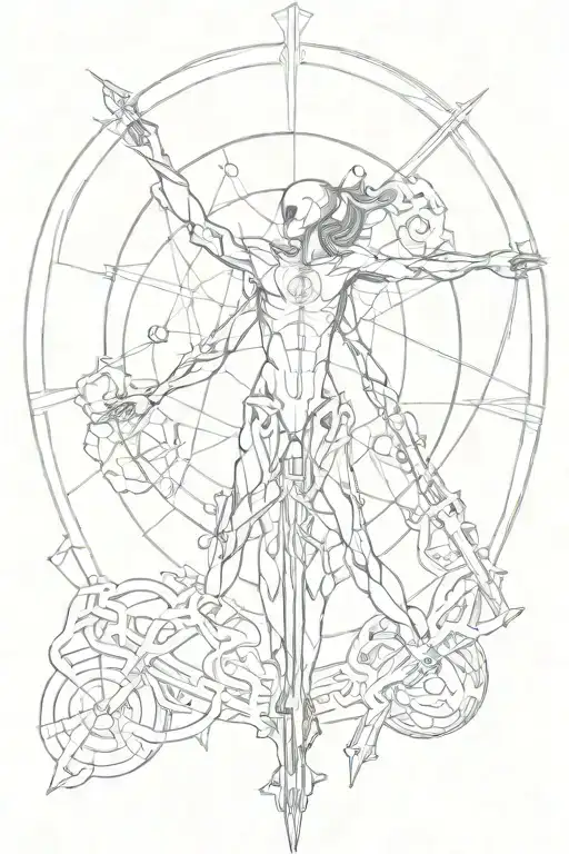 Vitruvian man mixed with keyblade, Evangelion Asuka, Danny Phantom, sunrise and karma tattoo design idea