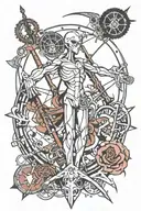 Vitruvian man mixed with keyblade, Evangelion Asuka, Danny Phantom, sunrise and karma tattoo design idea