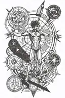 Vitruvian man mixed with keyblade, Evangelion Asuka, Danny Phantom, sunrise and karma tattoo design idea