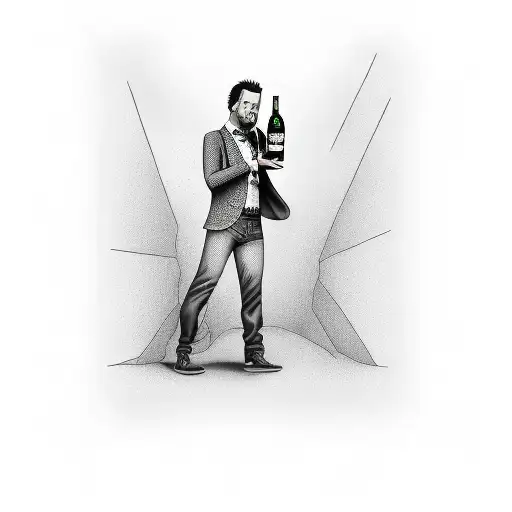 A stand-up comedian performing with a whiskey bottle in hand, in a dotwork style tattoo design idea