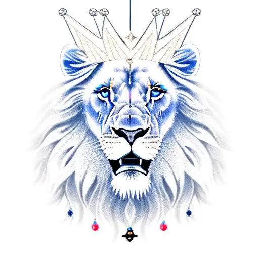 A blue-eyed lion with crown and uniquely designed mane tattoo design idea