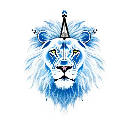 A blue-eyed, aggressive-looking lion with a crown and a uniquely designed mane. tattoo design idea
