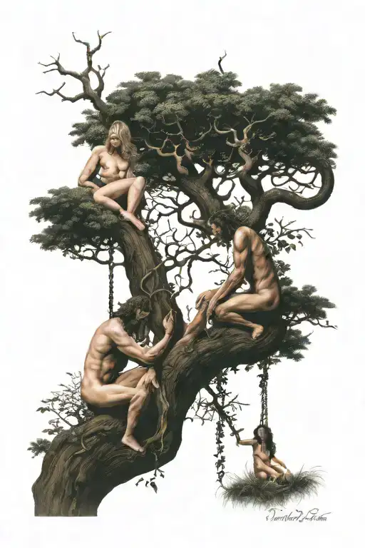 adam and eve next to tree of life with serpant hanging down staring at them  tattoo design idea