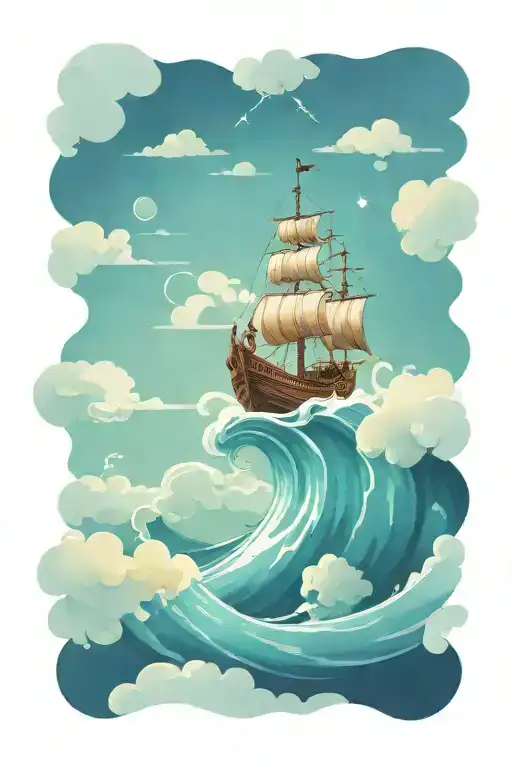 Viking ship sailing through a sea.  in the sky you can see thor and his hammer in lightning  tattoo design idea
