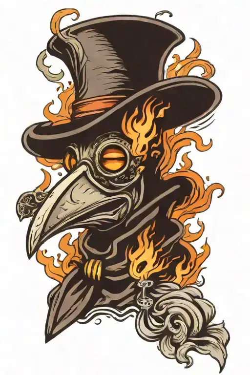 plague doctor mask surrounded by smoke and fire tattoo design idea