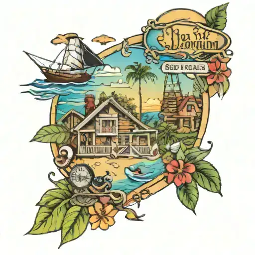 collage tattoo featuring Dewey Beach, Chicago, Miami, Jersey Shore, Hamptons, Key West, Newport, Las Vegas, Madrid, Port tattoo design idea