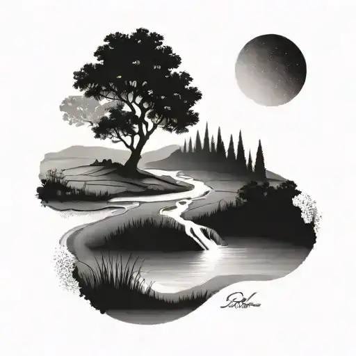 A back flow tattoo of a winding river flowing through a tranquil countryside landscape tattoo design idea