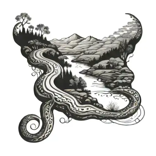 A back flow tattoo of a winding river flowing through a tranquil countryside landscape tattoo design idea