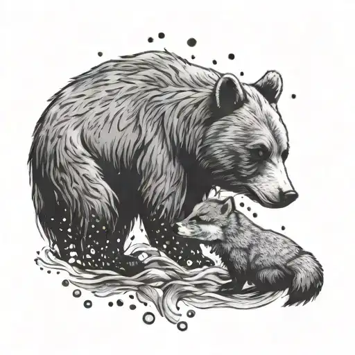 A black and grey tattoo of a bear and fox sharing a kiss underwater tattoo design idea