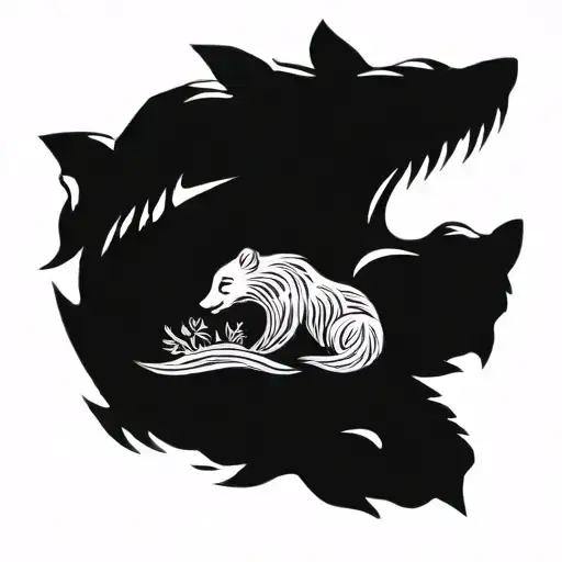 A black and grey tattoo of a bear and fox sharing a kiss underwater tattoo design idea