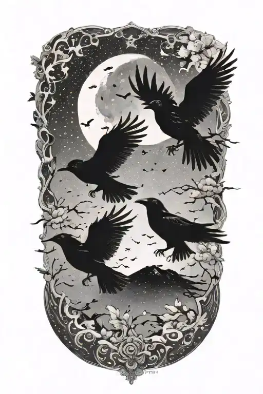 crows flying towards the half moon merging together tattoo design idea