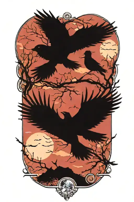 crows flying towards the half moon merging together tattoo design idea