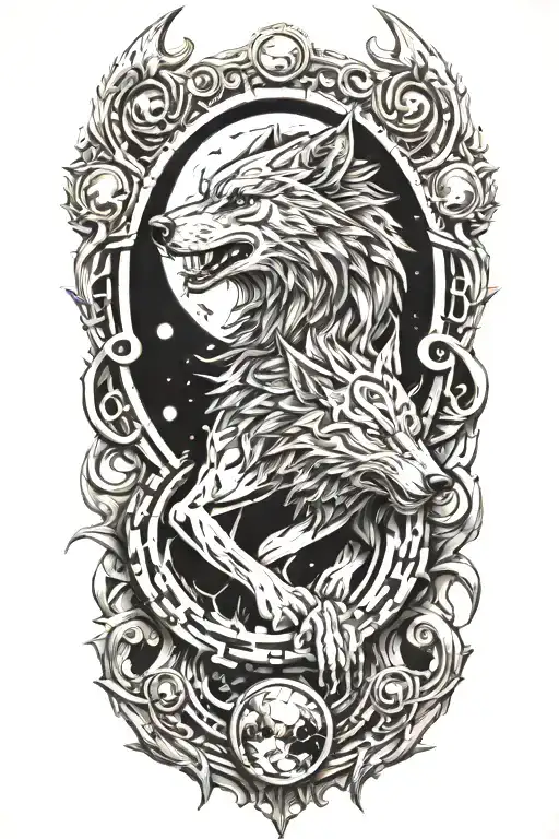 Fenrir wolf broken chains and moon  tattoo design idea