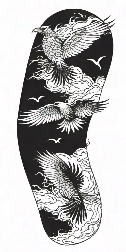 black crows flying in storm and fire tattoo design idea