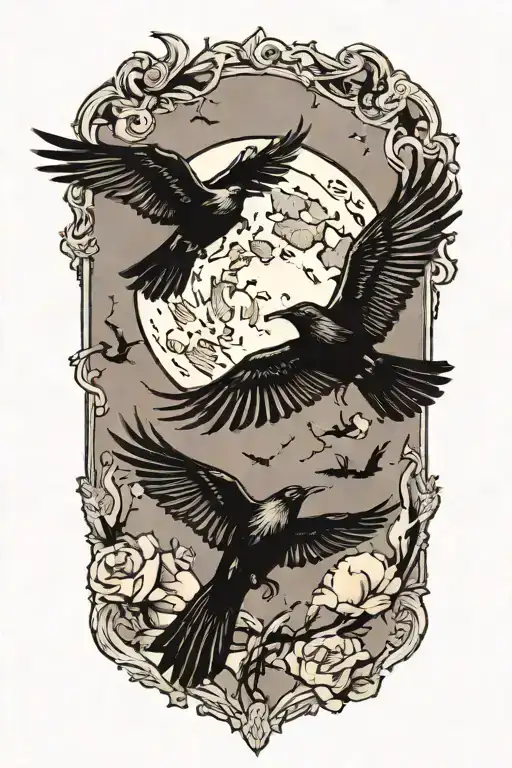 crows flying towards the moon tattoo design idea