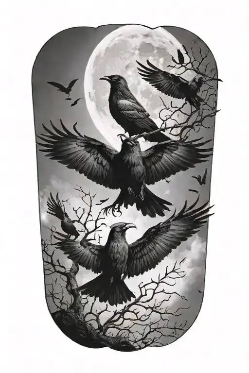 crows flying towards the half moon  tattoo design idea
