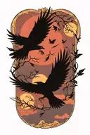 crows flying towards the half moon merging together tattoo design idea