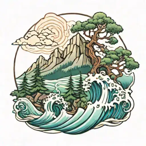 mountain trees ocean wave tattoo design idea