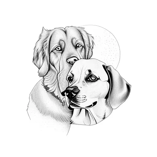 A minimalist portrait of your dogs, boyfriend, and mom in a circular composition tattoo design idea