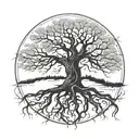 Illustrate a tree of knowledge with roots reaching deep into the earth and branches stretching towards the sky, symbolizing growth and enlightenment tattoo design idea