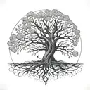 Illustrate a tree of knowledge with roots reaching deep into the earth and branches stretching towards the sky, symbolizing growth and enlightenment tattoo design idea