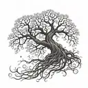 Illustrate a tree of knowledge with roots reaching deep into the earth and branches stretching towards the sky, symbolizing growth and enlightenment tattoo design idea