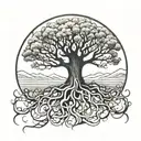 Illustrate a tree of knowledge with roots reaching deep into the earth and branches stretching towards the sky, symbolizing growth and enlightenment tattoo design idea