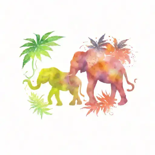 elephant and lion  surrounded by tye die marijuana leaves  tattoo design idea