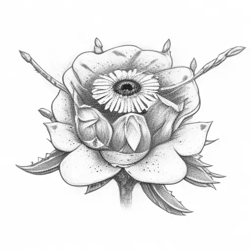 A white and black drawing including a single edelweiss, a single branch of rosemary, a single playing card with the quee tattoo design idea