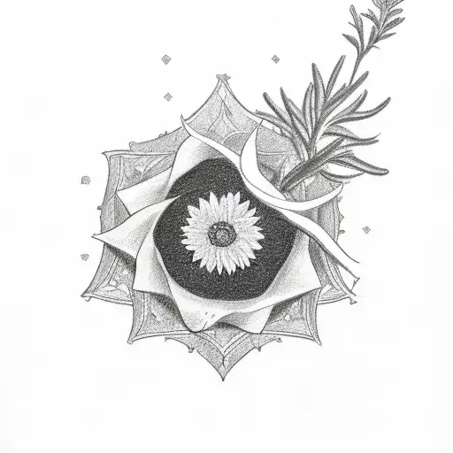 A white and black drawing including a single edelweiss, a single branch of rosemary, a single playing card with the quee tattoo design idea
