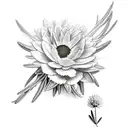 A white and black drawing including a single edelweiss, a single branch of rosemary, a single playing card with the quee tattoo design idea