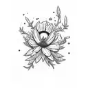 A white and black drawing including a single edelweiss, a single branch of rosemary, a single playing card with the quee tattoo design idea