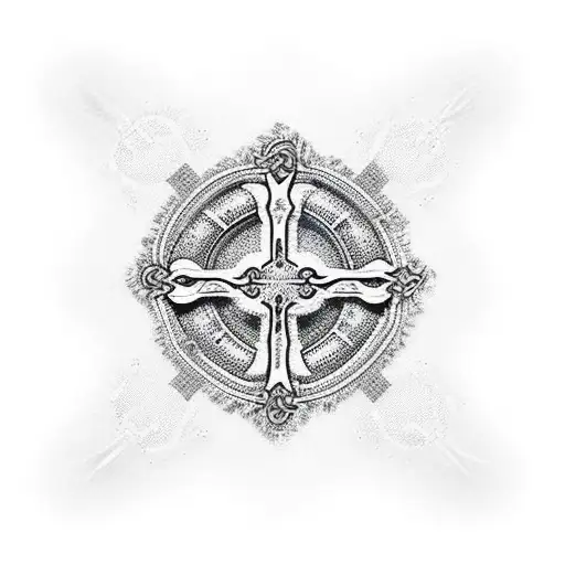 A cross made out of intricate dotwork patterns with a gospel verse wrapped around it tattoo design idea