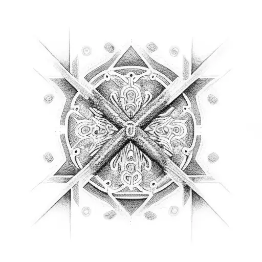 A cross made out of intricate dotwork patterns with a gospel verse wrapped around it tattoo design idea