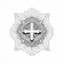 A cross made out of intricate dotwork patterns with a gospel verse wrapped around it tattoo design idea