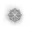 A cross made out of intricate dotwork patterns with a gospel verse wrapped around it tattoo design idea