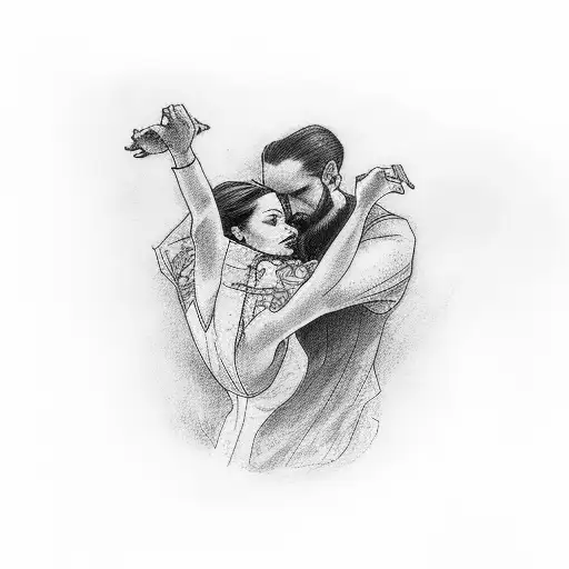 a man holding a woman while they are falling from the sky, viewed from the side, both oriented upwards tattoo design idea