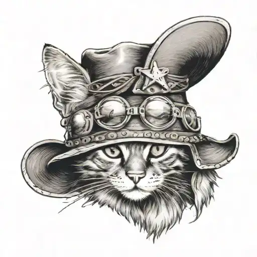cat wearing cowboy hat and boots tattoo design idea