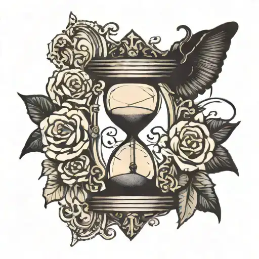 a black work traditional style hourglass inside of a gemini symbol with a skull at the bottom tattoo design idea