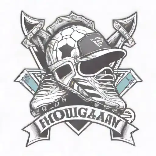 A hooligan mask with soccer cleats and a banner with team colors, showcasing loyalty and support for the sport tattoo design idea