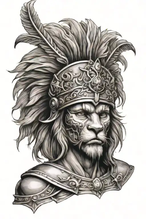 warrior with lion helmet with crown tattoo design idea