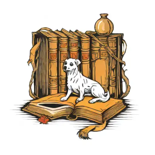 books, ghost, dog tattoo design idea